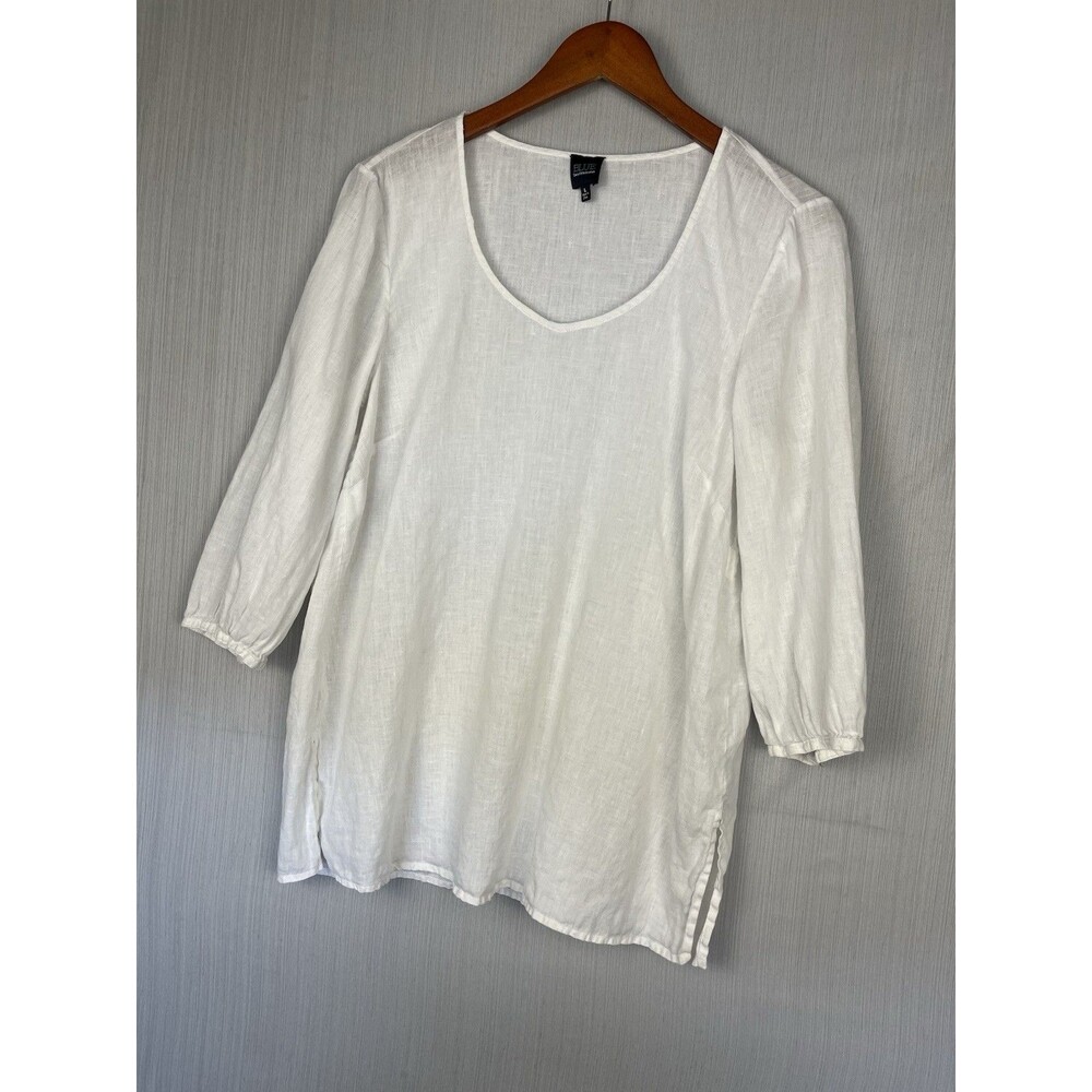 Blue Saks Fifth Avenue Linen‎ Blouse Womens L White Minimalist Quiet Luxury Top